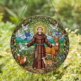 Saint Francis Figure, Wildlife & Nature Stained Glass Art - Vibrant Jewel Tone Scene Stained Glass Suncatcher