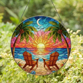 Adirondack Chairs Beach Sunset Ocean Palm Trees Crescent Moon Seashells Tropical Scene Stained Glass Suncatcher