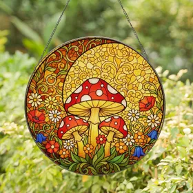Mushroom Wildflower Crescent Moon Tiffany Glass Art - Glowing Nature Decor Gift Stained Glass Suncatcher
