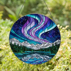 Aurora Borealis Stained Glass Mountain Lake Starry Sky Pine Trees Colorful Night Stained Glass Suncatcher