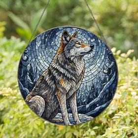 Majestic Detailed Stained Glass Sitting Wolf Tiffany Style Winter Forest Wildlife Art Stained Glass Suncatcher
