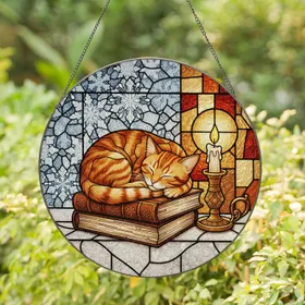 Sleeping Orange Tabby Cat Stained Glass Books Candle Snowflake Ice Crystal Tiffany Style Stained Glass Suncatcher