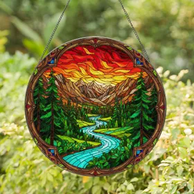 Tiffany Style River Valley Mountain Forest Art - Colorful Sky & Ornate Frame Decor Stained Glass Suncatcher