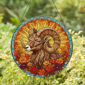 Bighorn Sheep Stained Glass Autumn Flowers Celestial Mosaic Art - Tiffany Style Decor Gift Stained Glass Suncatcher