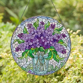 Tiffany Style Stained Glass Purple Lilac Flowers Bouquet Vase - Jewel Tones Abstract Art Stained Glass Suncatcher