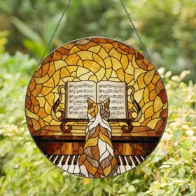 Calico Cat Grand Piano Sheet Music Stained Glass Art - Detailed Mosaic Artwork Stained Glass Suncatcher