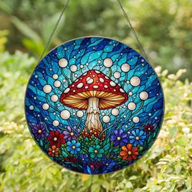Tiffany Stained Glass Mushroom Celestial Mosaic Iridescent Orbs Glowing Fungi Art Stained Glass Suncatcher