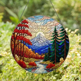 Tiffany Style Stained Glass Mountain Sunrise Autumn River Forest Scenery Window Decor Stained Glass Suncatcher