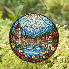European Riverside Town Stone Bridge Mountain Flowers Tiffany Style Stained Glass Art Stained Glass Suncatcher