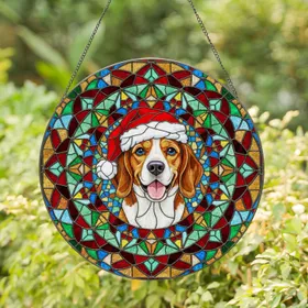 Stained Glass Beagle Santa Hat Christmas Gift Dog Lover - Tiffany Geometric Mosaic Stained Glass Suncatcher