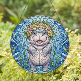 Chubby Baby Hippo with Flower Wreath & Aquatic Mosaic Stained Glass Jewel Tones Art Stained Glass Suncatcher