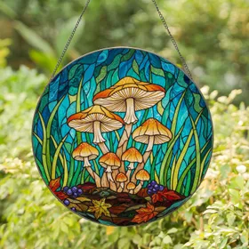 Wild Mushroom Forest Floor Grass Stained Glass - Tiffany Style Nature Decor Stained Glass Suncatcher