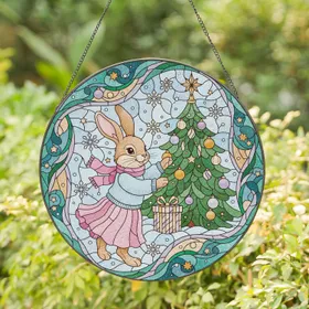 Tiffany Style Stained Glass Bunny Christmas Tree Gift - Festive Snowflake Winter Holiday Scene Stained Glass Suncatcher
