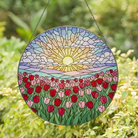 Blooming Red Pink Tulips Field Green Leaves Tiffany Stained Glass - Sun Hills Sky Mosaic Art Stained Glass Suncatcher