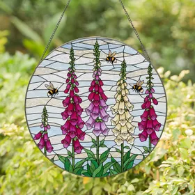 Vibrant Foxglove Bumblebee Tiffany Stained Glass Floral Mosaic - Nature Lover Home Decor Gift Stained Glass Suncatcher