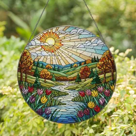 Tiffany Style River Landscape Suncatcher with Vibrant Jewel Tone Flowers and Hills Art Stained Glass Suncatcher