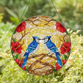Blue Jays Hibiscus Flowers Tiffany Stained Glass Style - Sunrise Sunset Window Art Decor Stained Glass Suncatcher