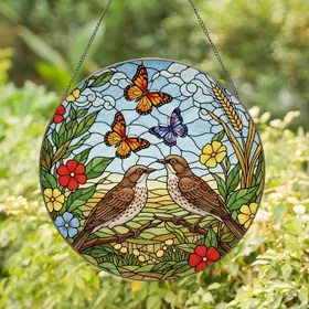 Speckled Brown Birds Butterflies Flowers Golden Wheat Tiffany Stained Glass Window Art Stained Glass Suncatcher