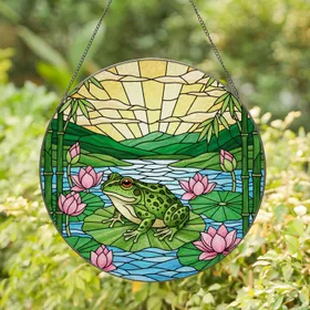 Green Spotted Frog Lily Pad Lotus Bamboo Stained Glass Art Panel Colorful Window Display Stained Glass Suncatcher