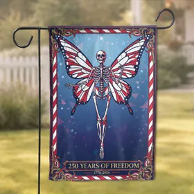Patriotic Red White Blue Stained Glass Fairy Skeleton 1776-2026 - USA 250th Anniversary Garden Flag