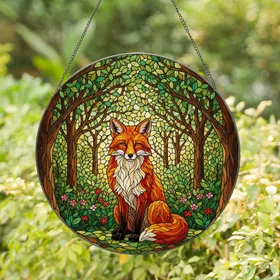 Majestic Red Fox Forest Stained Glass Art - Intricate Tiffany Style Wildlife Decor Stained Glass Suncatcher