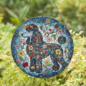 Tiffany Stained Glass Poodle Floral Mosaic Art with Swirling Vines & Organic Shapes Stained Glass Suncatcher