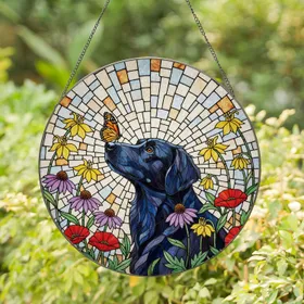 Black Dog Monarch Butterfly Wildflower Detailed Stained Glass Tiffany Art Home Decor Gift Stained Glass Suncatcher