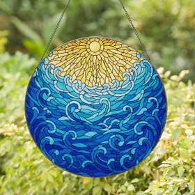 Stylized Mosaic Sun Undulating Ocean Waves - Deep Blue Tiffany Stained Glass Stained Glass Suncatcher