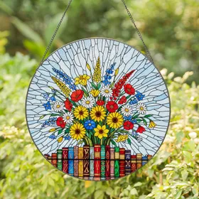 Wildflower Bouquet Stained Glass Bookshelf Art with Tiffany Jewel Tones & Radiant Sky Stained Glass Suncatcher