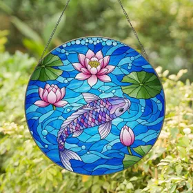 Koi Fish Water Lily Rippling Water Stained Glass - Tiffany Style Nature Decor Gift Stained Glass Suncatcher
