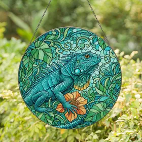 Blue Teal Iguana Lizard Spiked Reptile Tiffany Glass Jewel Tones Jungle Flora Gift Stained Glass Suncatcher
