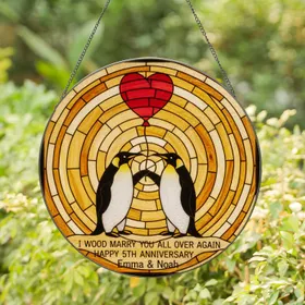Emperor Penguin Red Heart Balloon Tree Ring Mosaic - 5th Anniversary Gift Emma & Noah Stained Glass Suncatcher