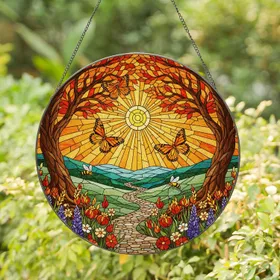 Tiffany Style Stained Glass Autumn Path, Monarch Butterflies, Wildflowers & Gnarled Trees Stained Glass Suncatcher