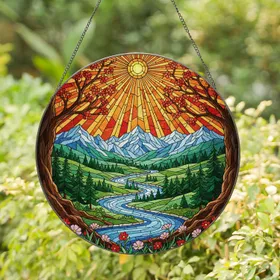 Tiffany Stained Glass Mountain River Landscape Pine Forest Wildflowers Sun Peaks Stained Glass Suncatcher
