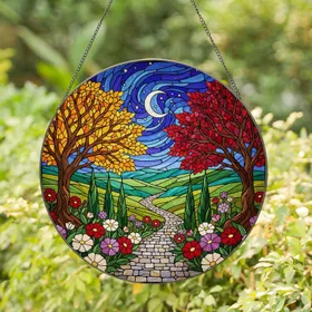 Night Landscape Stained Glass Art with Autumn Trees, Crescent Moon, Cobblestone Path & Flowers Stained Glass Suncatcher