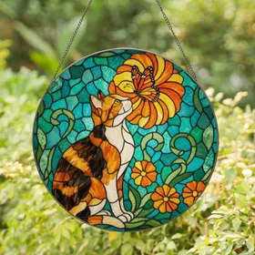 Calico Cat Butterfly Stained Glass Mosaic - Tiffany Style Jewel Tones Home Decor Stained Glass Suncatcher