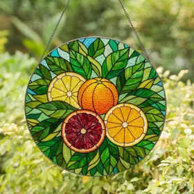Tiffany Glass Citrus Fruits - Orange, Lemon, Blood Orange Slices & Green Foliage Stained Glass Suncatcher