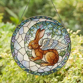 Brown Rabbit Feathered Wings Crescent Moon Mosaic Garden Tiffany Glass Jewel Tones Art Stained Glass Suncatcher