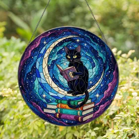 Black Cat Reading Book Crescent Moon Starry Night Stained Glass Tiffany Style Celestial Decor Stained Glass Suncatcher