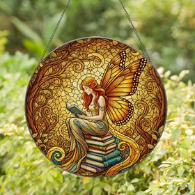 Tiffany Style Stained Glass Fairy Woman Reading Books - Enchanted Forest Home Decor Gift Stained Glass Suncatcher
