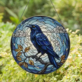 Majestic Raven Crow Stained Glass Tiffany Art Perched on Branch with Swirling Sky Stained Glass Suncatcher