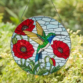 Hummingbird Red Poppy Flowers - Tiffany Glass Style with Jewel Tone Mosaic Sky Stained Glass Suncatcher