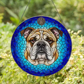 English Bulldog Stained Glass Tiffany Art Portrait Mosaic - Detailed Pet Lover Gift Stained Glass Suncatcher