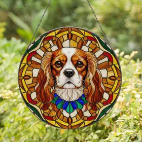 Cavalier King Charles Spaniel Dog Stained Glass Portrait Mosaic Jewel Tones for Dog Lovers Stained Glass Suncatcher