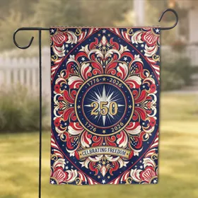 Starburst Emblem America 250th Anniversary 1776-2026 - Celebrating Freedom Scrollwork Garden Flag