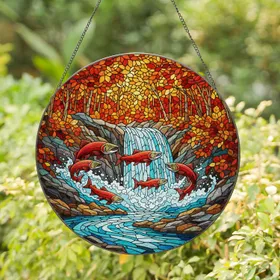 Red Salmon Waterfall Autumn Forest River Currents Tiffany Stained Glass Jewel Tone Art Stained Glass Suncatcher