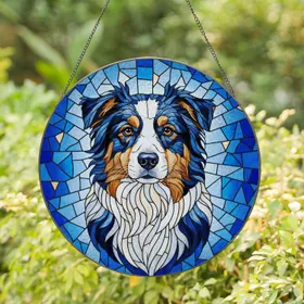 Tricolor Australian Shepherd Dog Stained Glass Mosaic - Expressive Aussie Lover Gift Stained Glass Suncatcher