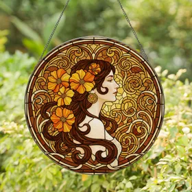 Art Nouveau Woman Profile Dark Brown Hair Orange Yellow Flowers - Tiffany Glass Inspired Stained Glass Suncatcher