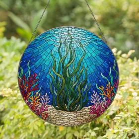 Underwater Kelp Forest Coral Reef Sea Anemone Sandy Seabed Jewel Tone Stained Glass Art Stained Glass Suncatcher
