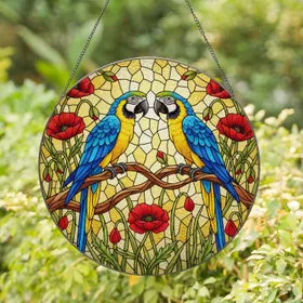 Blue Gold Macaw Parrots Red Poppies Tiffany Stained Glass Mosaic - Luminous Sunlit Art Stained Glass Suncatcher